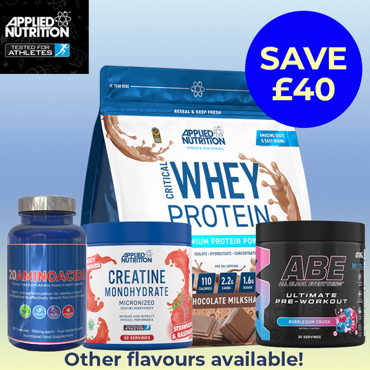 The ultimate all-in-one training bundle. Includes Applied Nutrition ABE, Critical Whey, Creatine Monohydrate, and 20 Aminoacids — everything you need for energy, muscle growth, and recovery.